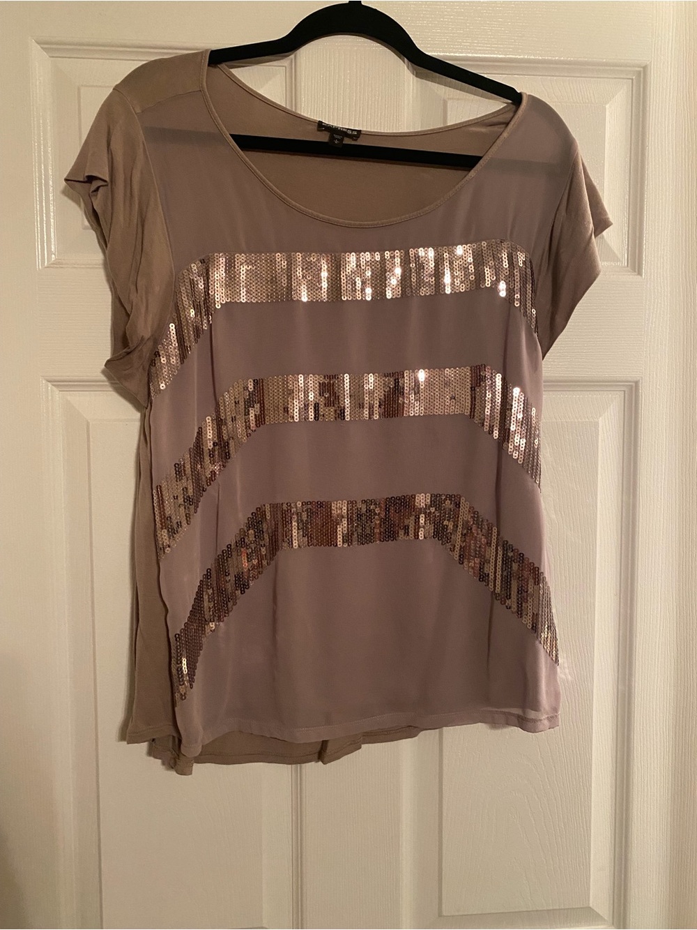 Express Taupe Short Sleeve Top with Sequin Stripes